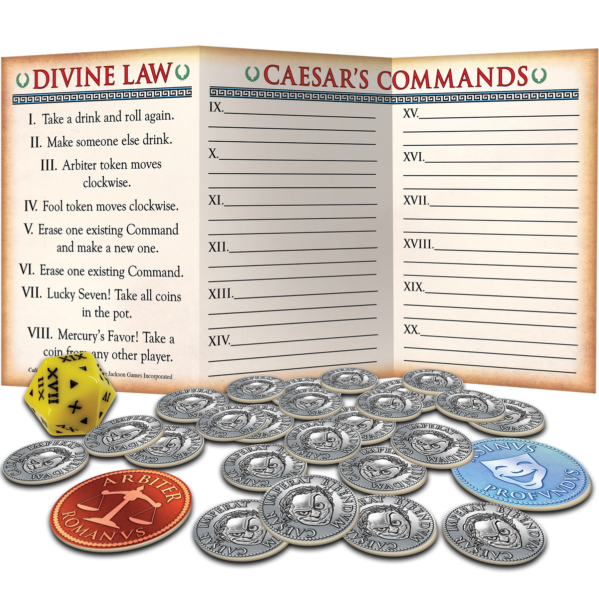 A Caligula-themed board game set includes two open rule cards, a yellow Roman numeral die, numerous silver coins, and red and blue game tokens