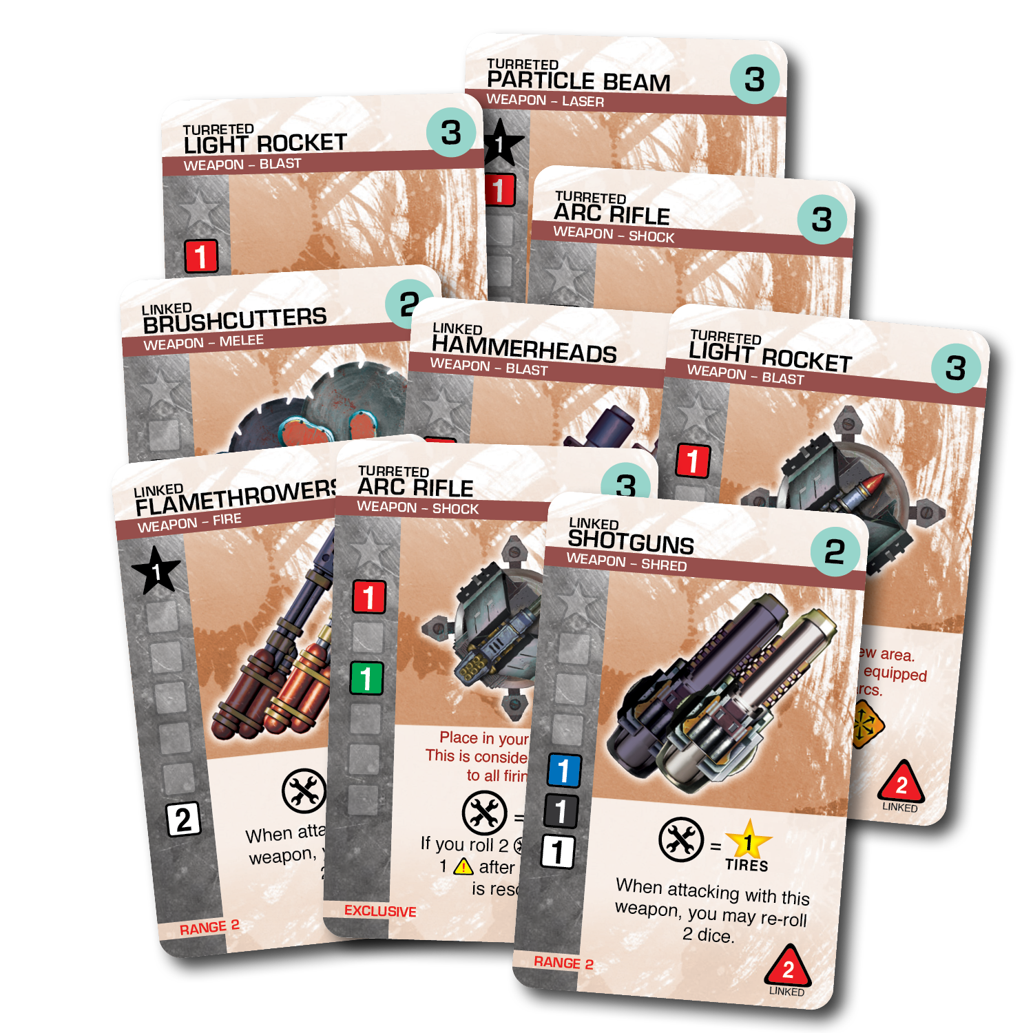 Card spread from the Linked Weapons Pack showing linked weapon upgrades and stats