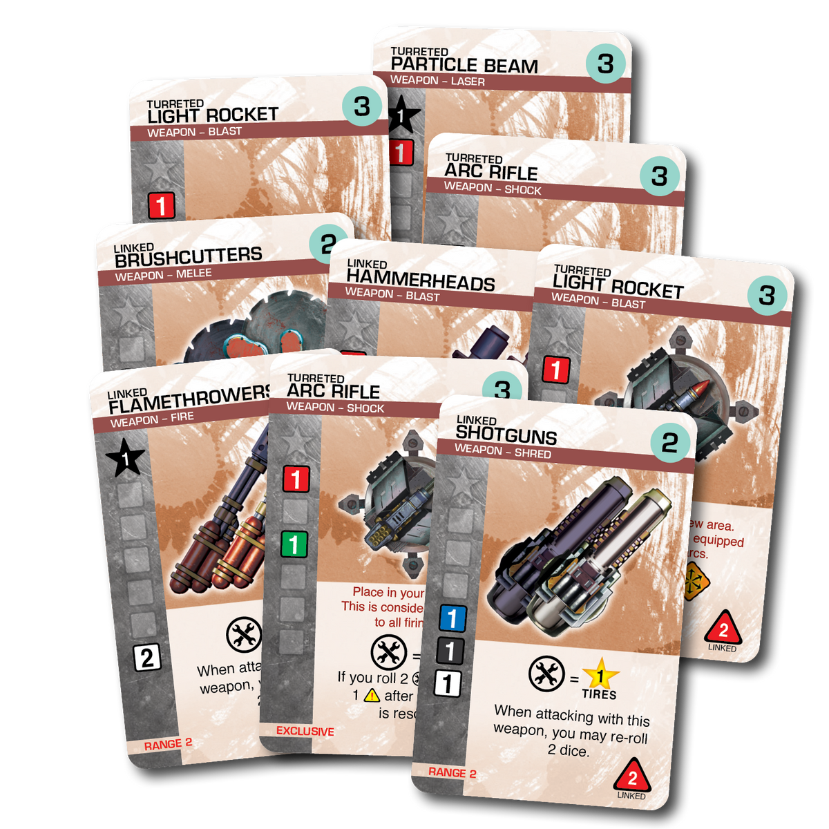 Card spread from the Linked Weapons Pack showing linked weapon upgrades and stats