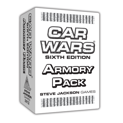 Box of Car Wars (Sixth Edition): Armory Pack featuring weapon icons and vehicle silhouettes