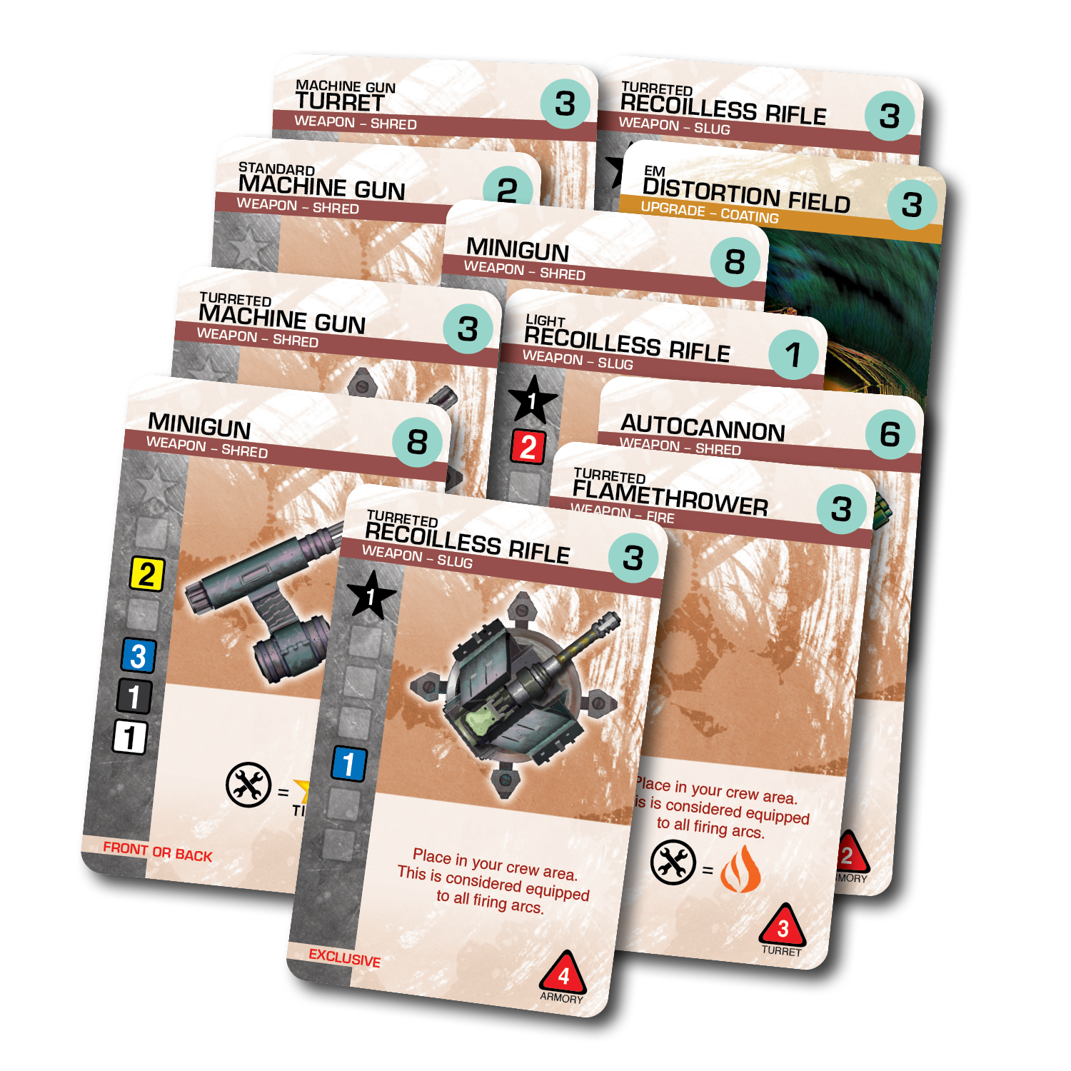 Spread of Armory Pack cards showcasing various weapons and equipment upgrades