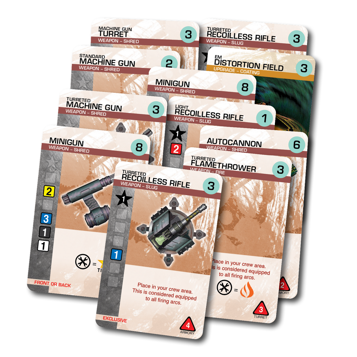 Spread of Armory Pack cards showcasing various weapons and equipment upgrades