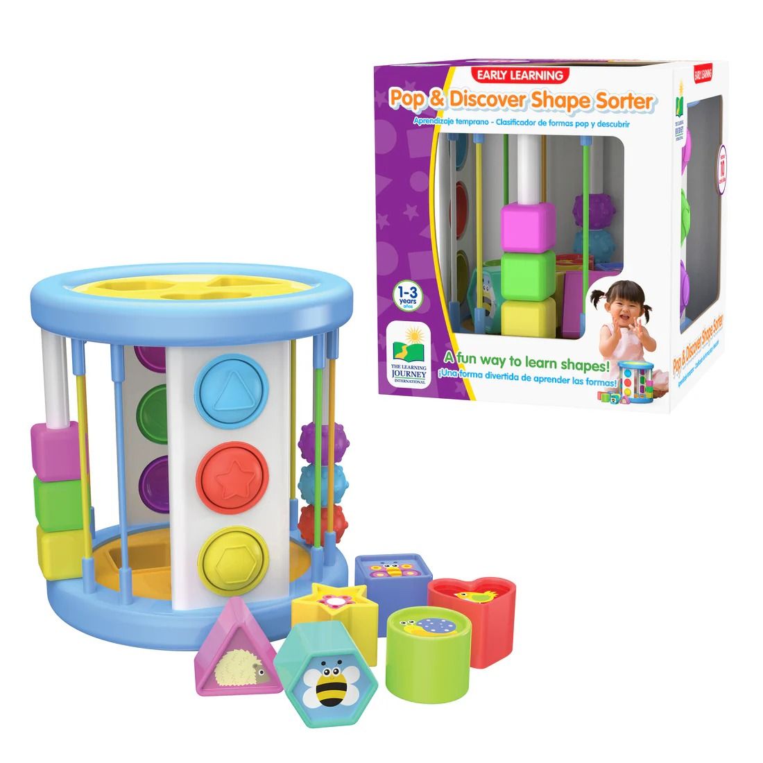 Pop & Discover Shape Sorter early learning toy (blue/yellow drum) with assorted colourful geometric blocks and packaging