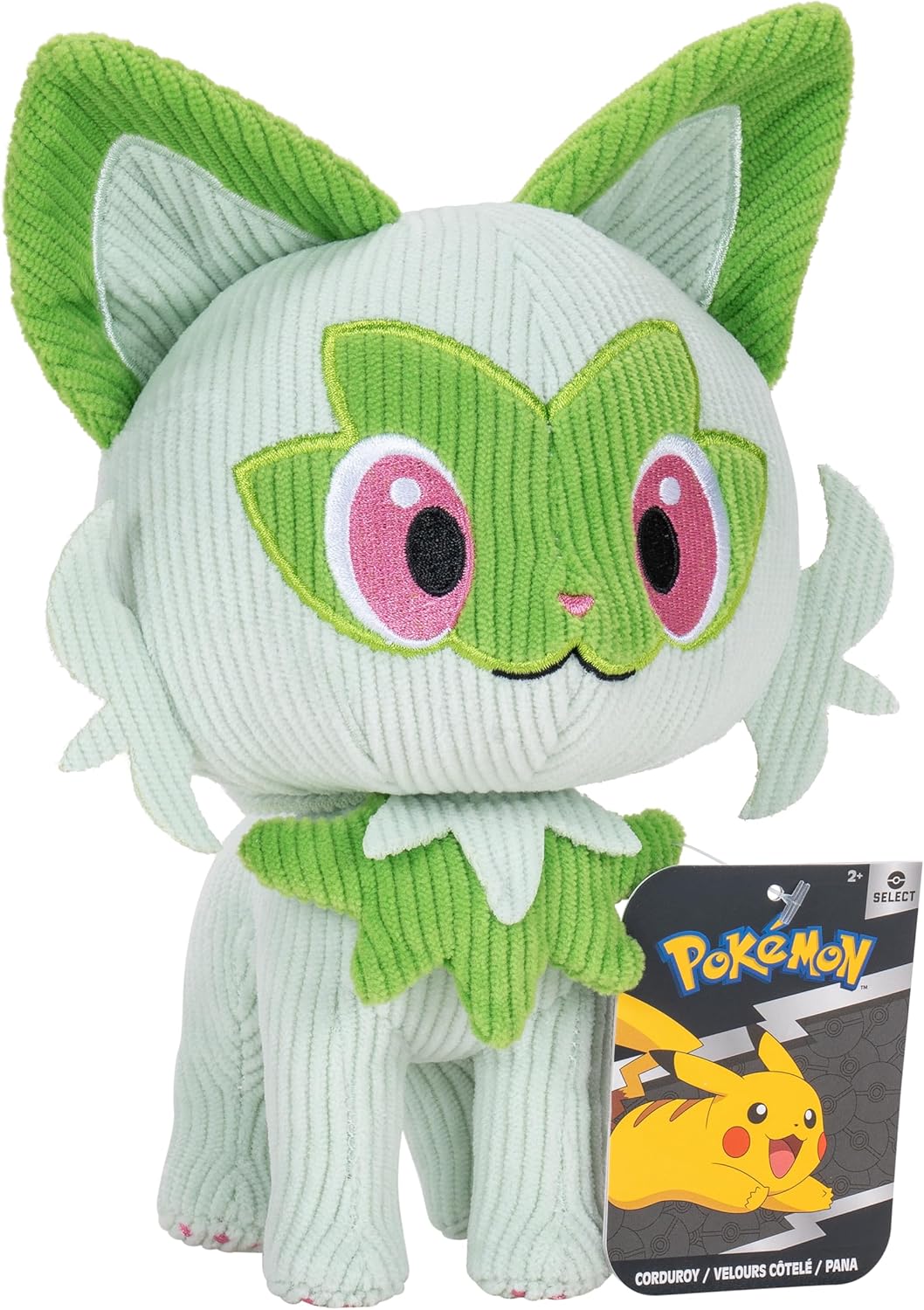 Sprigatito Pokemon plush made of light green corduroy material, standing with the official hangtag