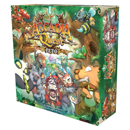 Arcadia Quest Pets board game box. Colorful art depicts a startled dog with a bone among many cartoon fantasy animals