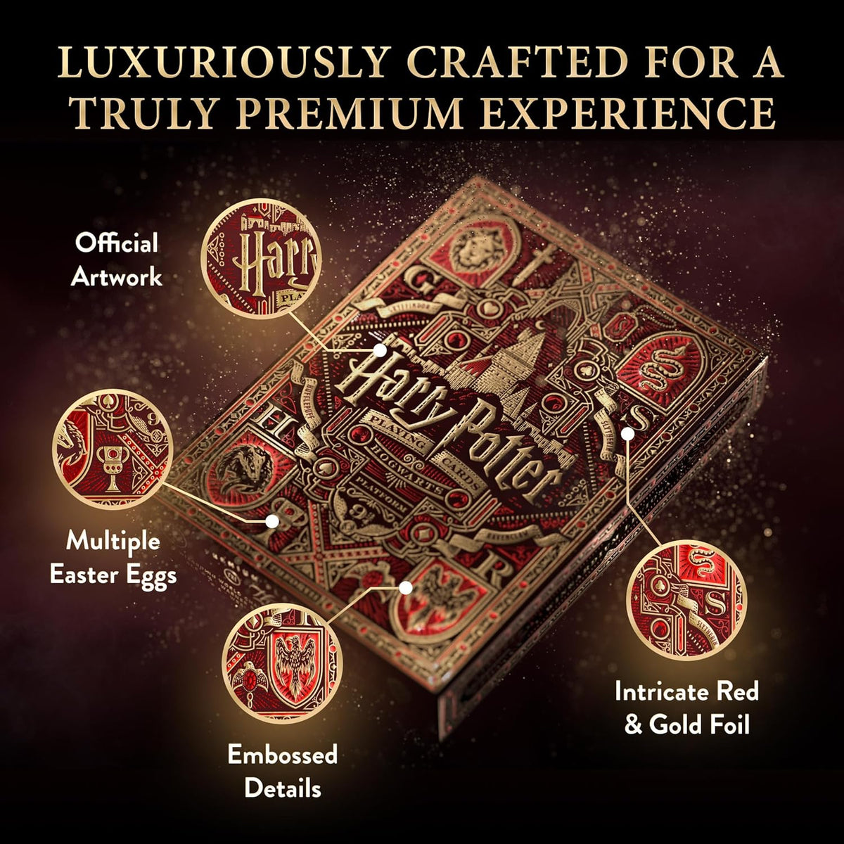 A premium Harry Potter playing card box, richly detailed with red and gold foil, and embossed designs