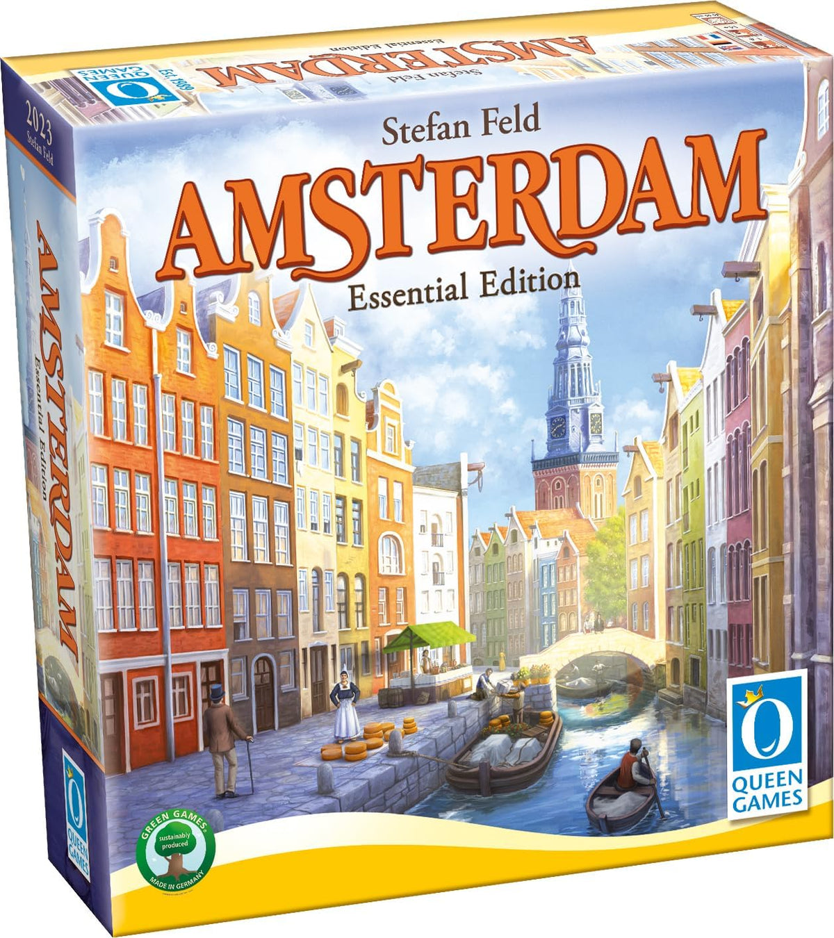 Front of Amsterdam Essential Edition game box illustrated historic canal cityscape