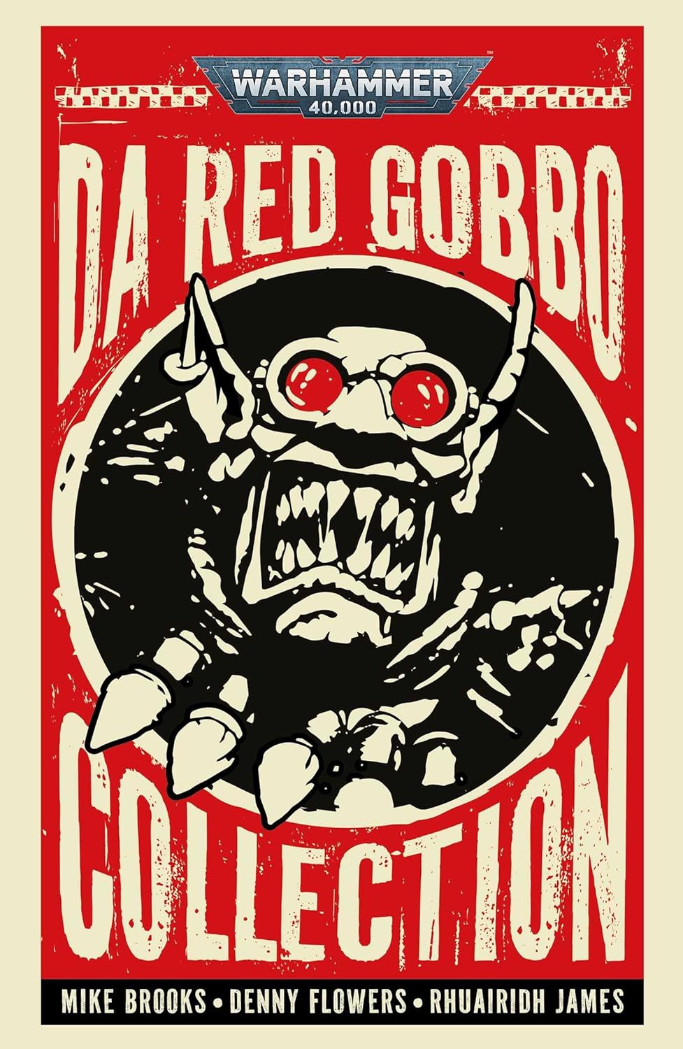 Red and black propaganda poster style featuring an aggressive goblin with red goggles