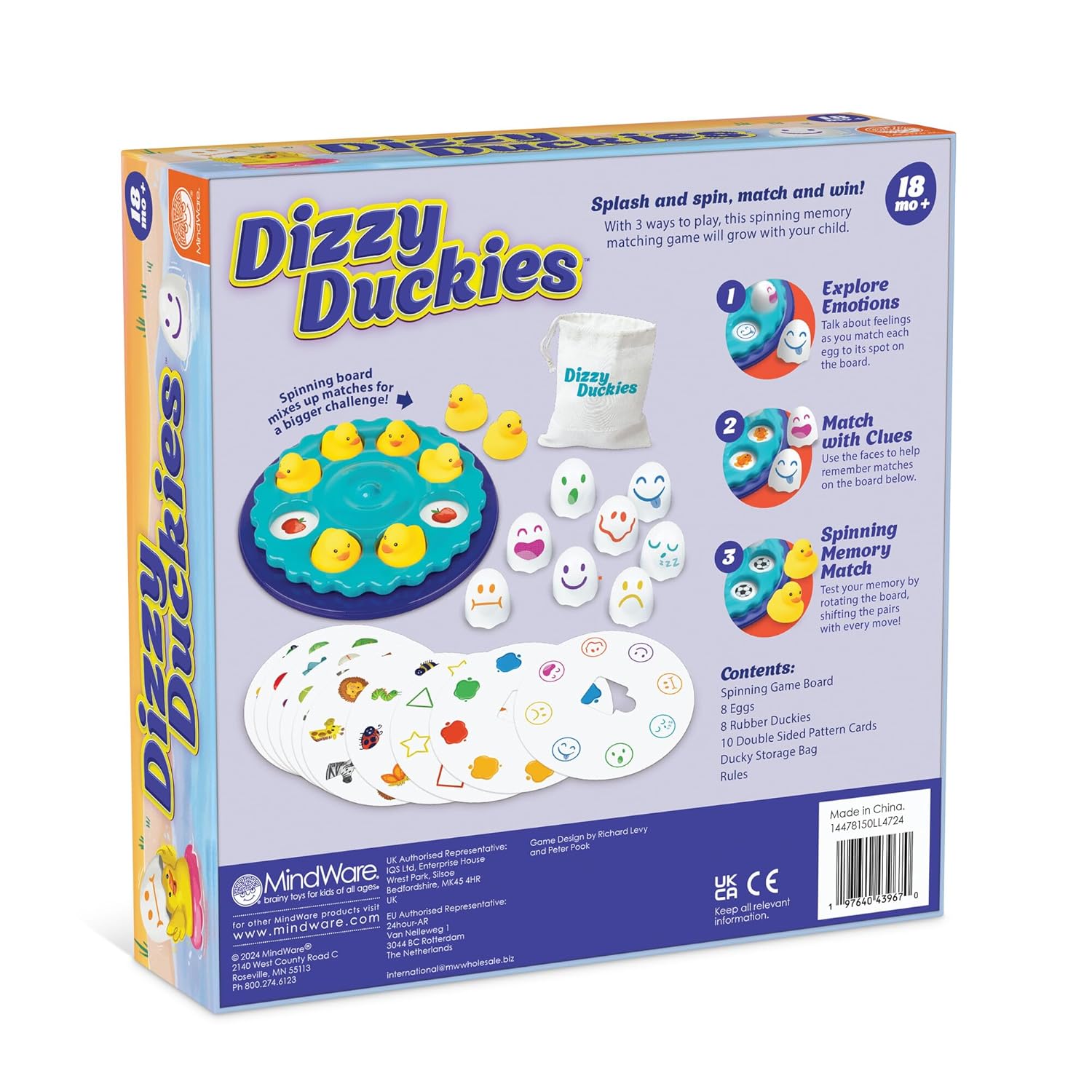 Dizzy Duckies matching game box showing spinning board, rubber ducks, emotion eggs, and pattern cards