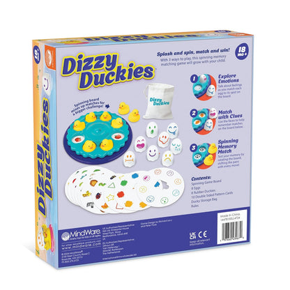Dizzy Duckies matching game box showing spinning board, rubber ducks, emotion eggs, and pattern cards