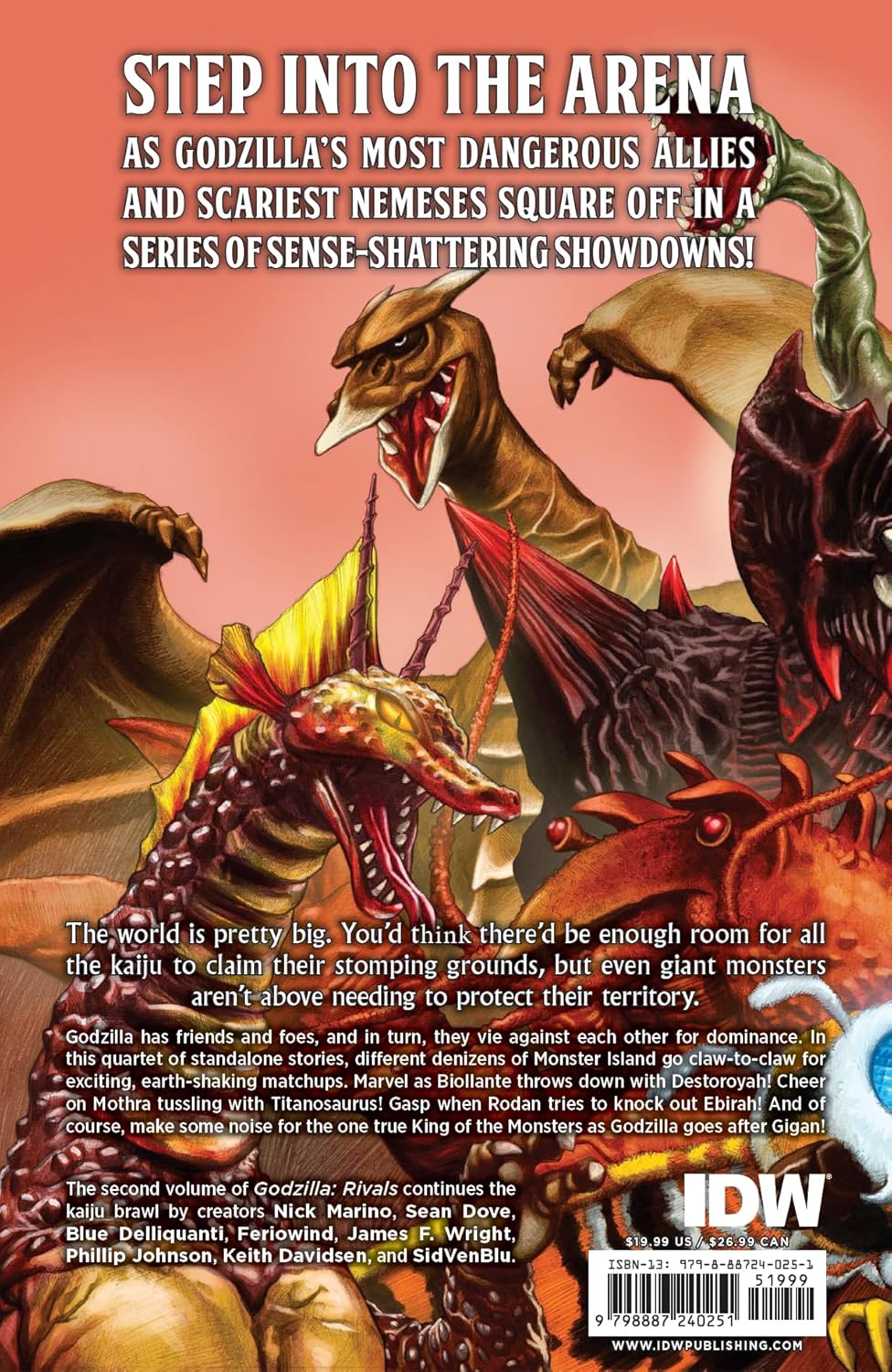 Vibrant comic cover of Rodan, Biollante, Ebirah, and other kaiju roaring aggressively in a chaotic battle