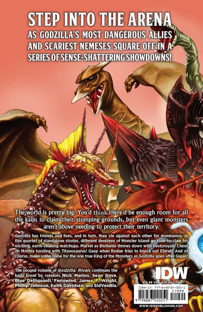 Vibrant comic cover of Rodan, Biollante, Ebirah, and other kaiju roaring aggressively in a chaotic battle