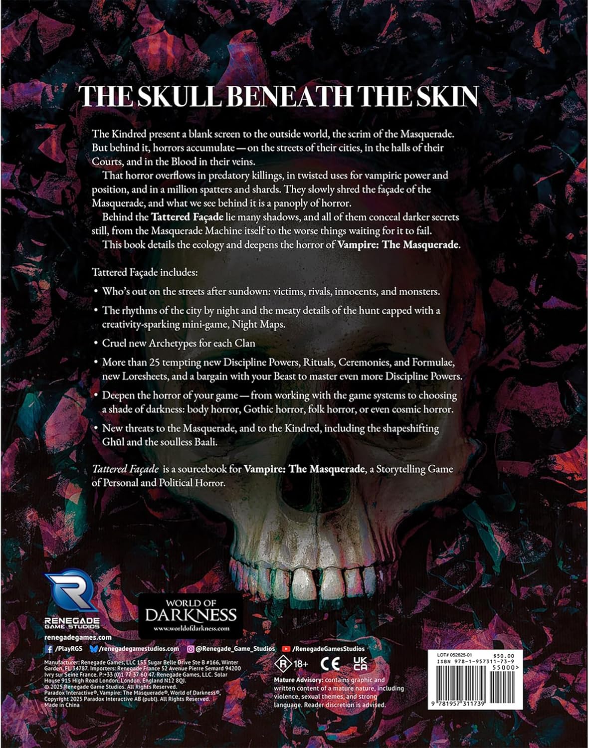 Back cover of a horror RPG book featuring a large, realistic skull centered against a dark, abstract, and gothic background