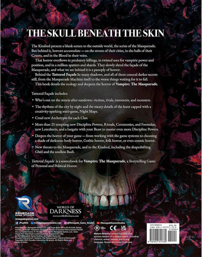 Back cover of a horror RPG book featuring a large, realistic skull centered against a dark, abstract, and gothic background