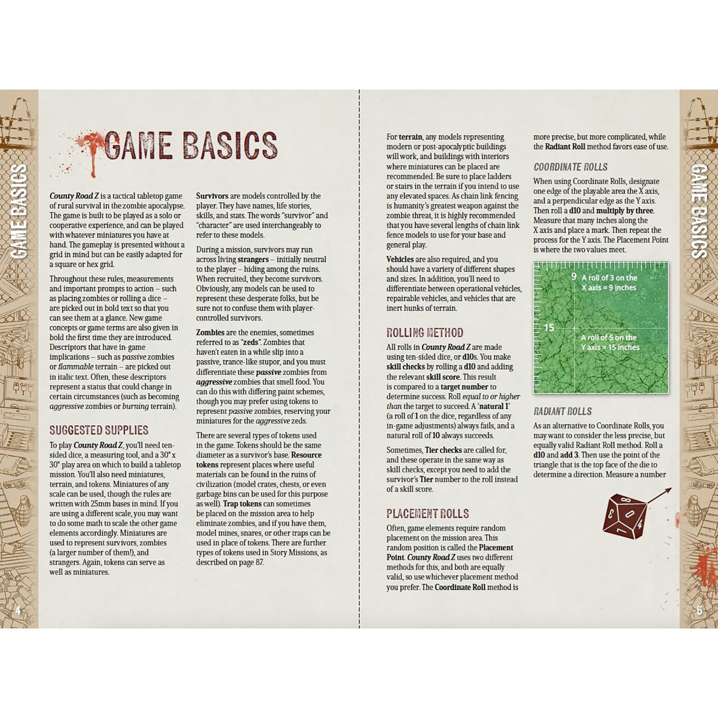 Page from a tabletop game rulebook explaining 'GAME BASICS', with a bloody title, a coordinate grid, and a 10-sided die.