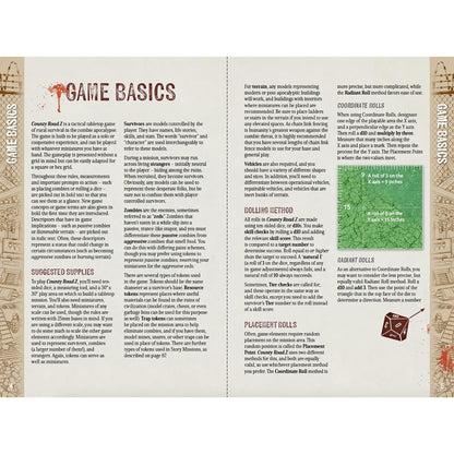 Page from a tabletop game rulebook explaining 'GAME BASICS', with a bloody title, a coordinate grid, and a 10-sided die.