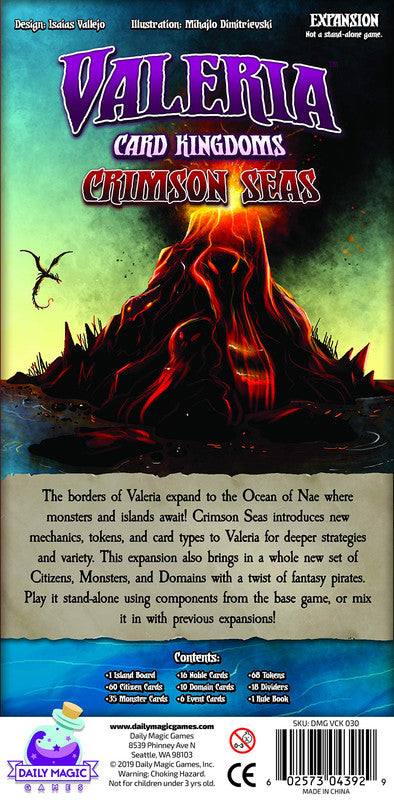 Valeria Card Kingdoms Crimson Seas expansion box art: A fiery volcano erupts over water, with a dragon flying