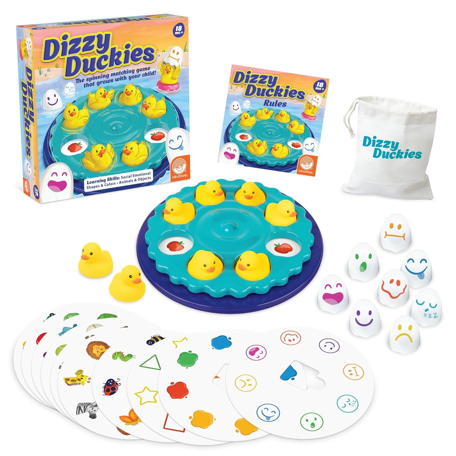 Dizzy Duckies spinning matching game set with rubber ducks, emotion tokens, and various object/color cards