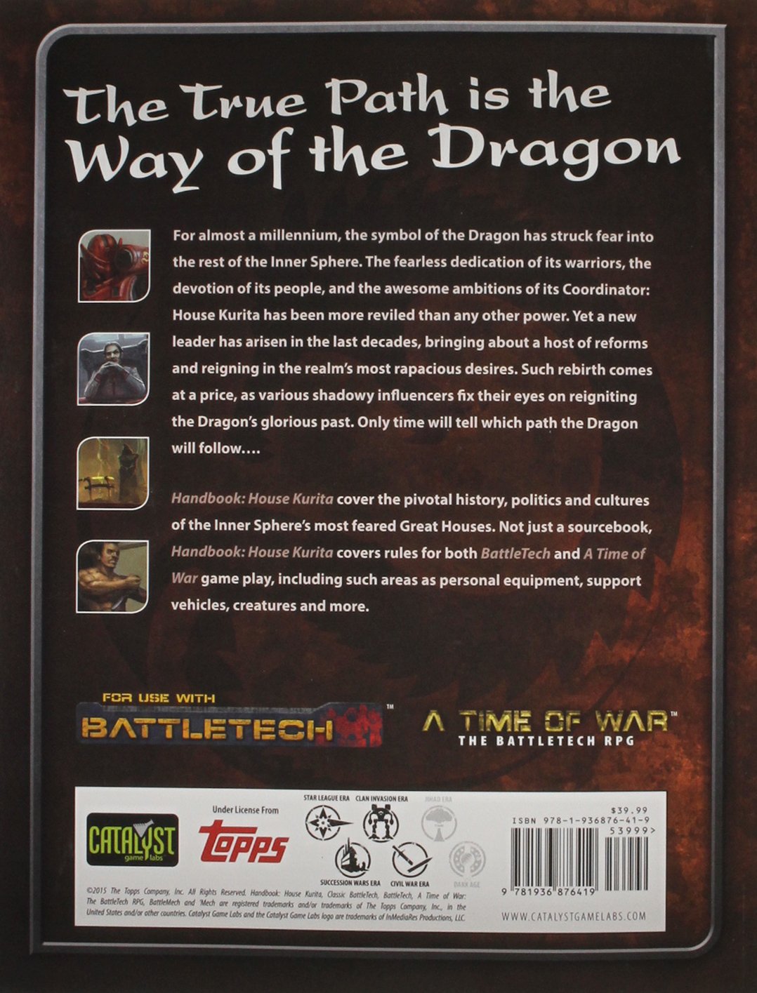 Back cover: "The True Path is the Way of the Dragon" BattleTech handbook on House Kurita, with character illustrations.