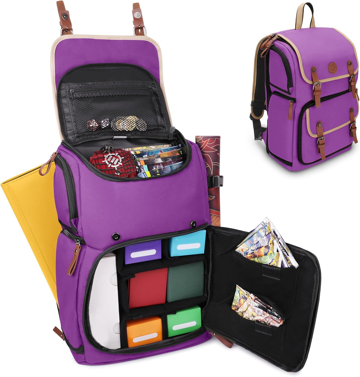 Open purple tabletop gaming backpack filled with dice, card boxes, and card packs. A closed backpack is visible.