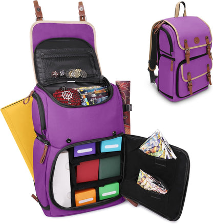Open purple tabletop gaming backpack filled with dice, card boxes, and card packs. A closed backpack is visible.