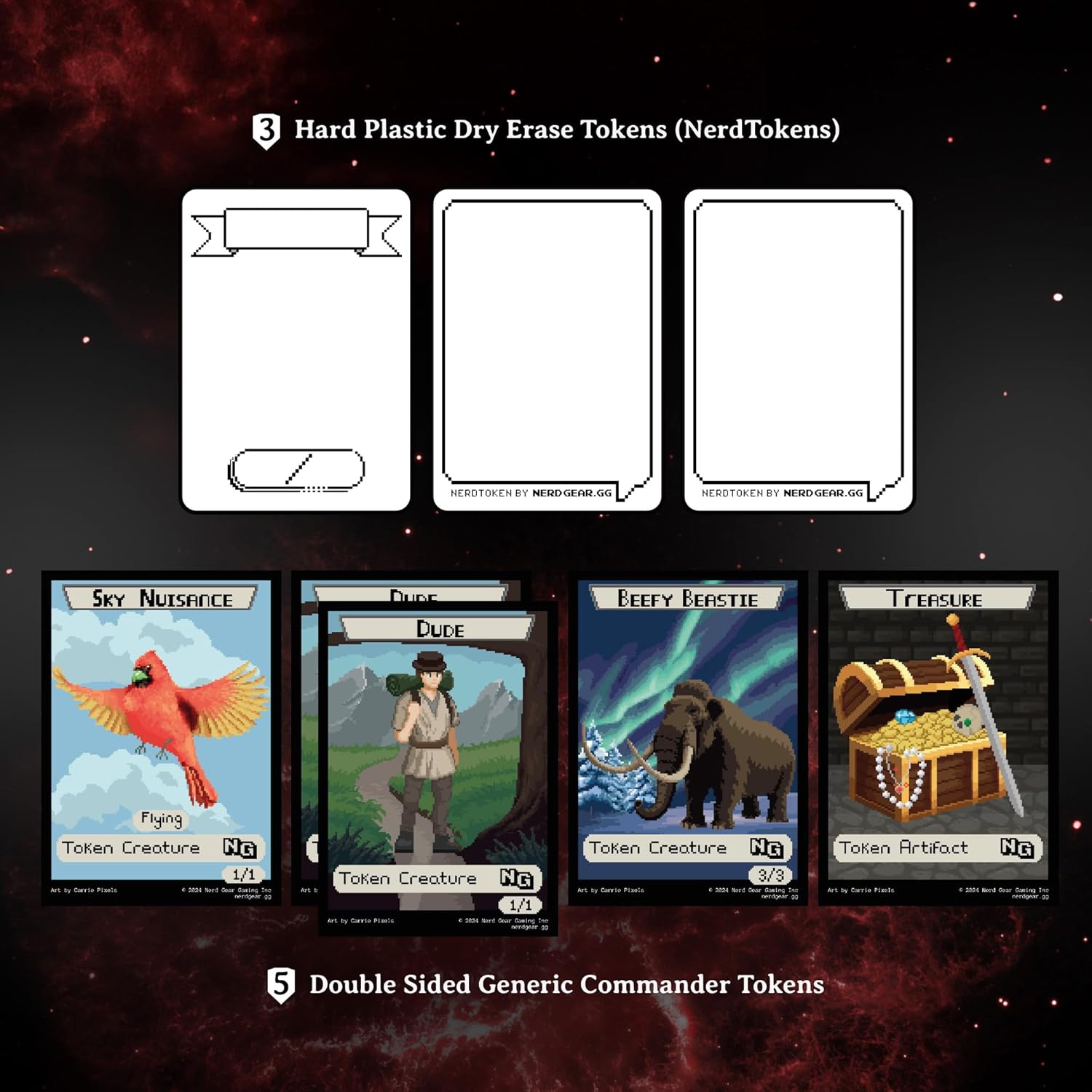 Collection of pixel-art Commander tokens, showing illustrated cards and three blank dry-erase tokens