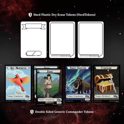 Collection of pixel-art Commander tokens, showing illustrated cards and three blank dry-erase tokens