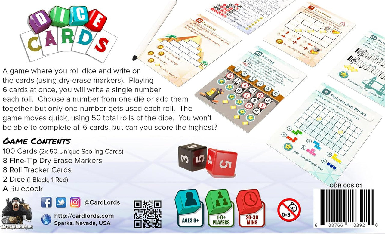 Dice Cards board game components displayed, including varied game cards, red and black dice, and a dry-erase marker
