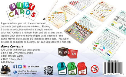 Dice Cards board game components displayed, including varied game cards, red and black dice, and a dry-erase marker