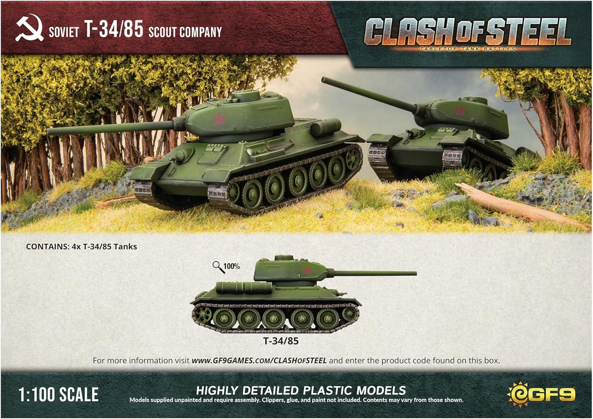 Box art: Green Soviet T-34/85 tank models with red stars for Clash of Steel game, in a forest diorama