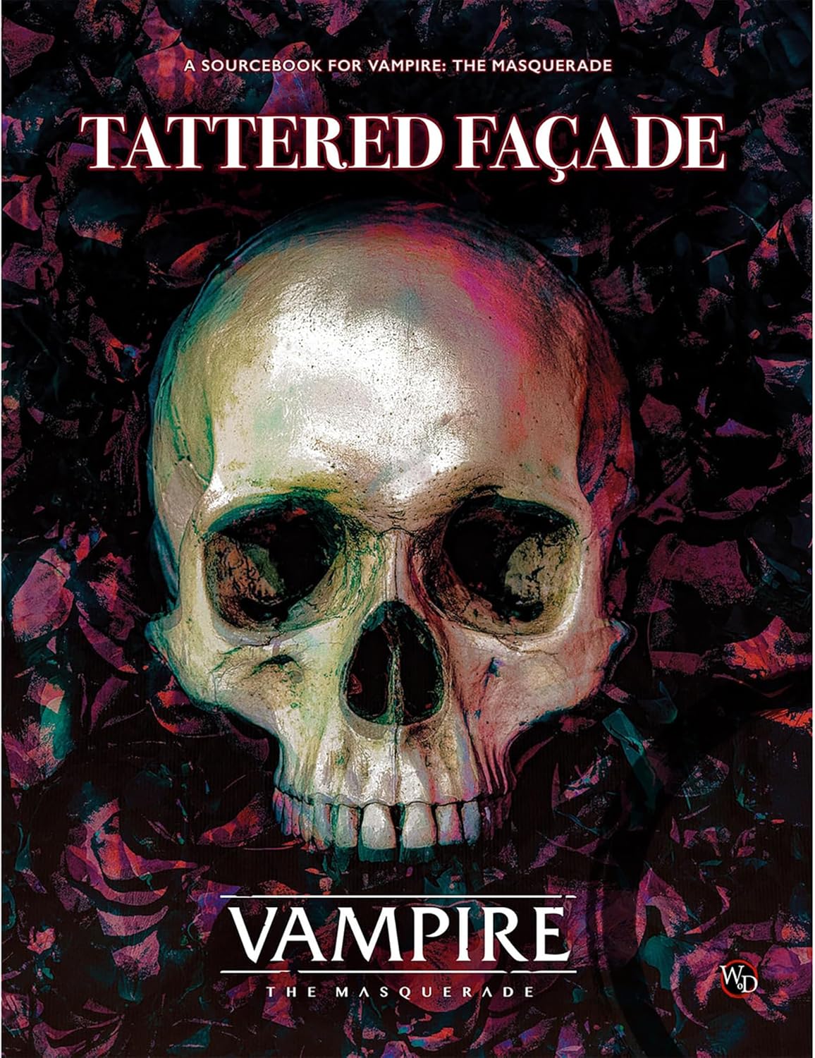 Cover art for Tattered Façade: A pale skull centered against a dark, abstract background of roses