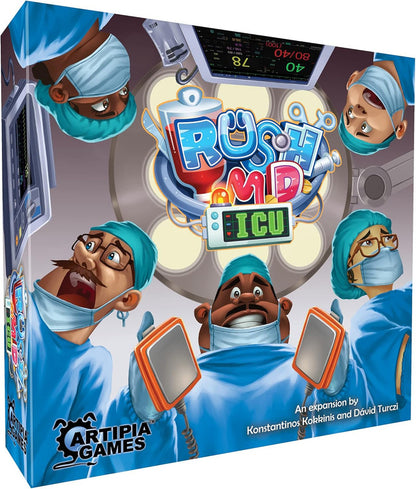 Rush M.D.: ICU Expansion board game box. Cartoon doctors in scrubs and masks revive a patient with defibrillators under a vital signs monitor