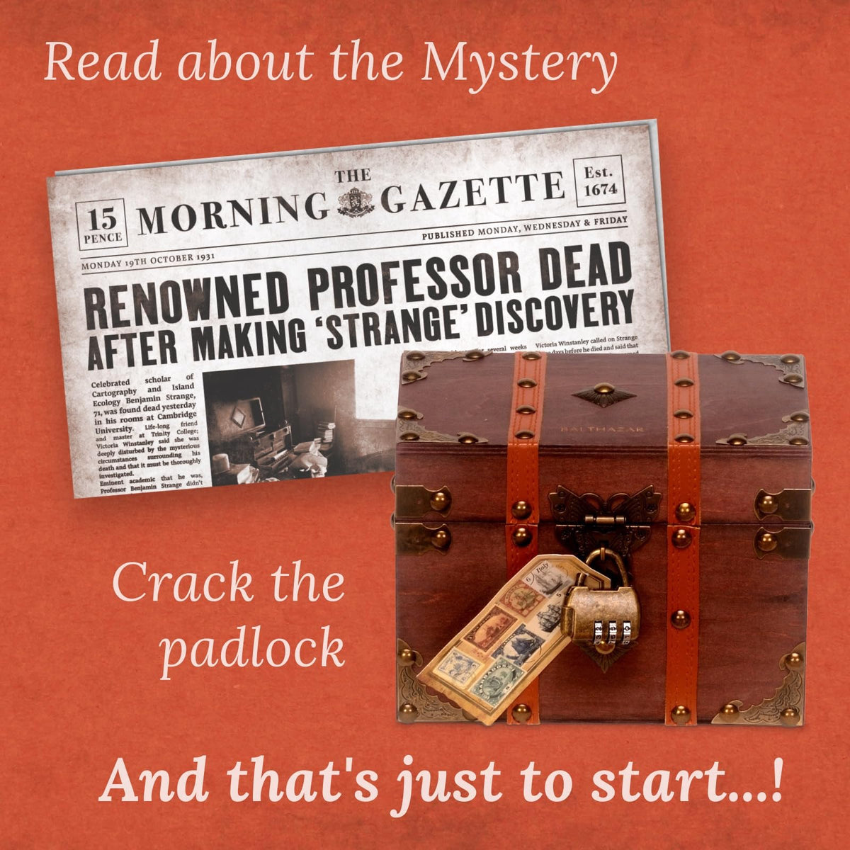 A newspaper with &quot;Professor Dead&quot; headline next to a locked wooden chest with a combination padlock. A mystery puzzle awaits
