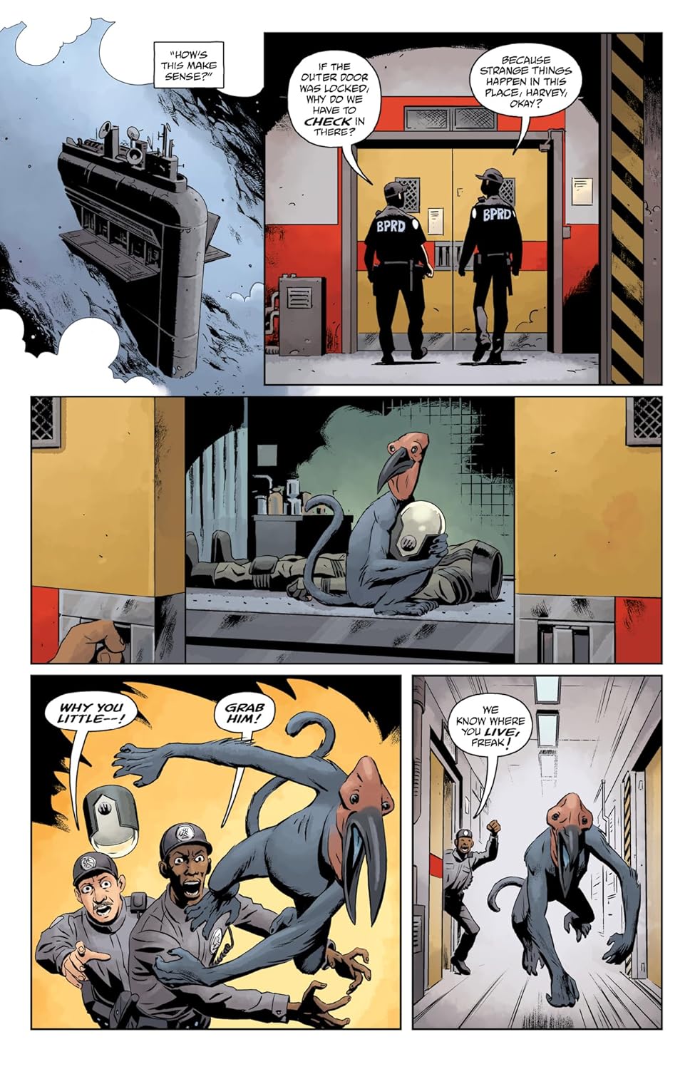 A bird-headed creature escapes from BPRD guards -  who chase it down a corridor