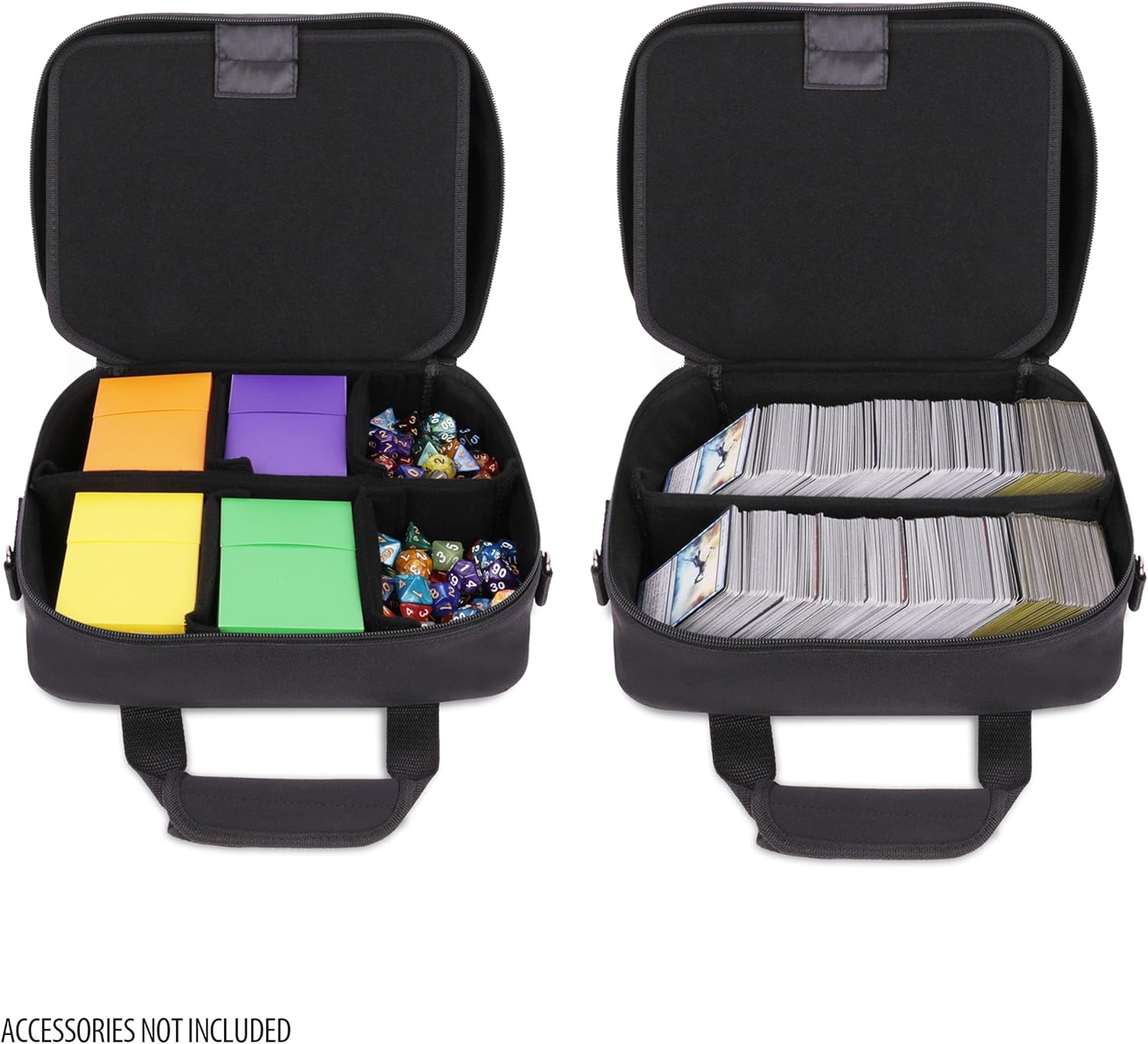 Black game carrying case, open - Left side shows compartments with colorful deck boxes and dice and Right side shows card stacks