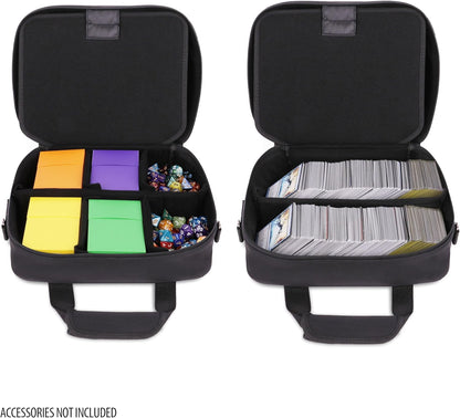 Black game carrying case, open - Left side shows compartments with colorful deck boxes and dice and Right side shows card stacks