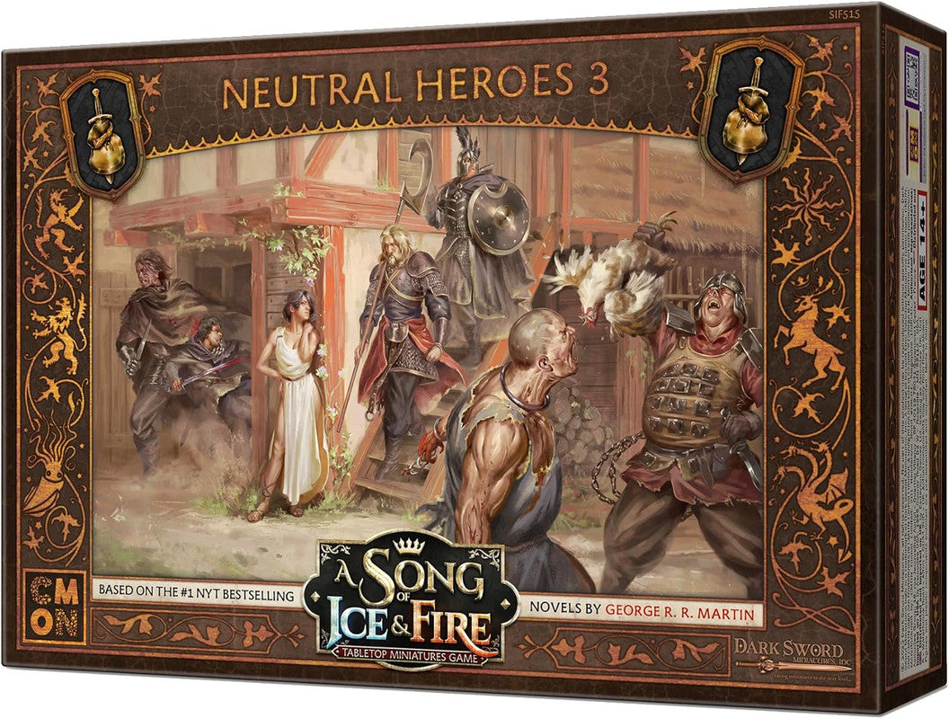 A Song of Ice & Fire: Neutral Heroes 3 tabletop game box, fantasy art shows diverse characters, including a man swinging a live chicken
