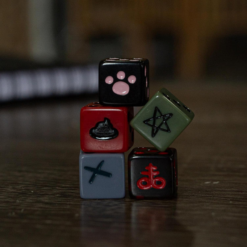 Five unique dice stacked: black paw print, red poop, green pentagram, grey X, black Leviathan cross.