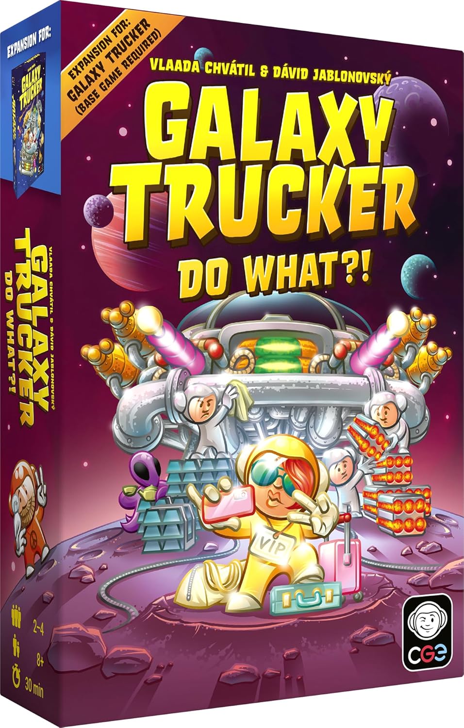 Game box: Galaxy Trucker: Do What?! VIP astronaut takes a selfie while crew members repair their chaotic spaceship