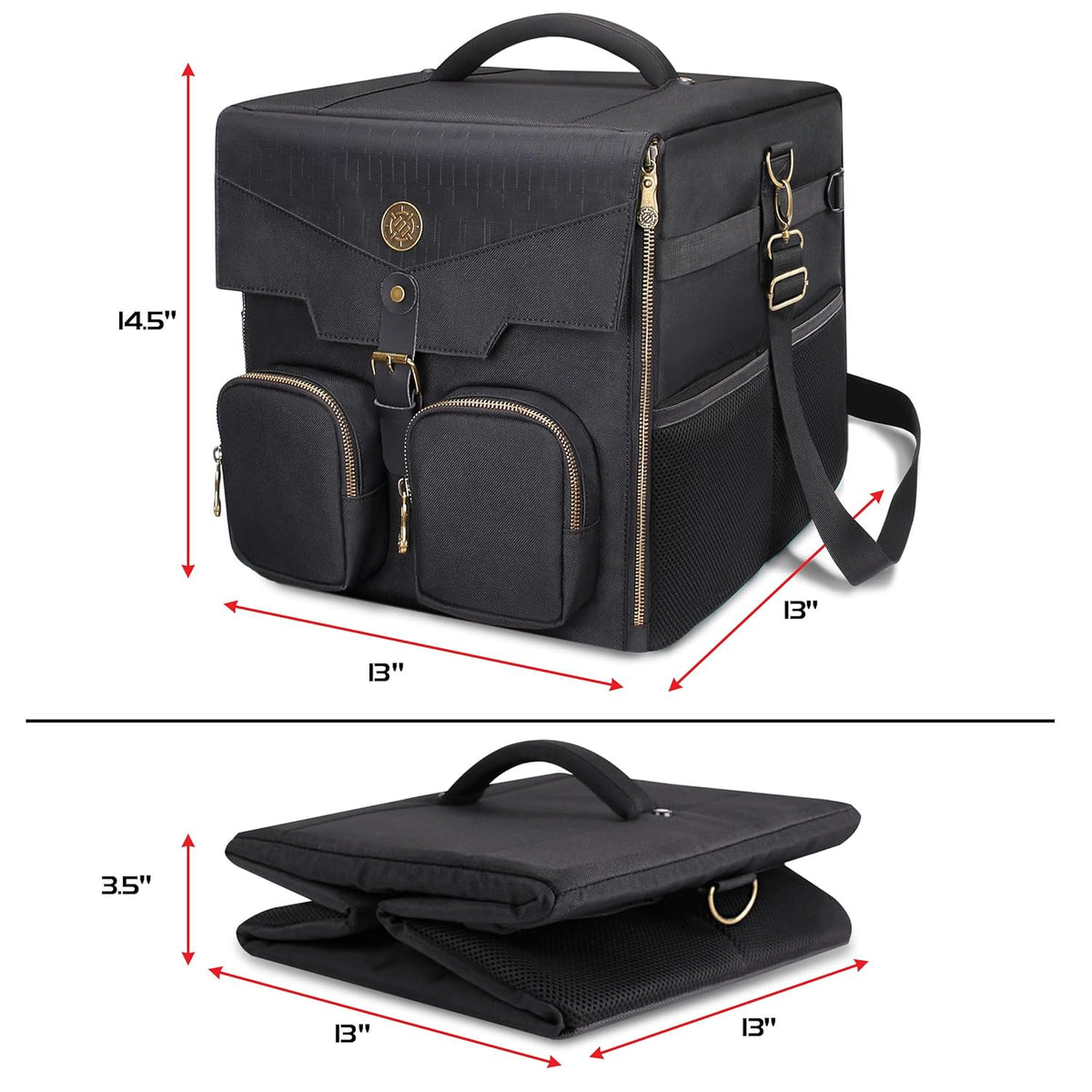 A black collapsible storage bag shown expanded with front pockets, handle, and shoulder strap, then folded flat. Dimensions included.