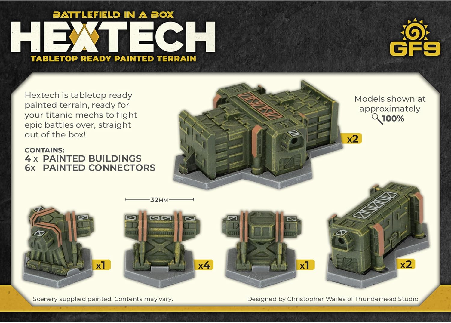 Hextech tabletop terrain: green and orange sci-fi miniature buildings and connectors for wargaming