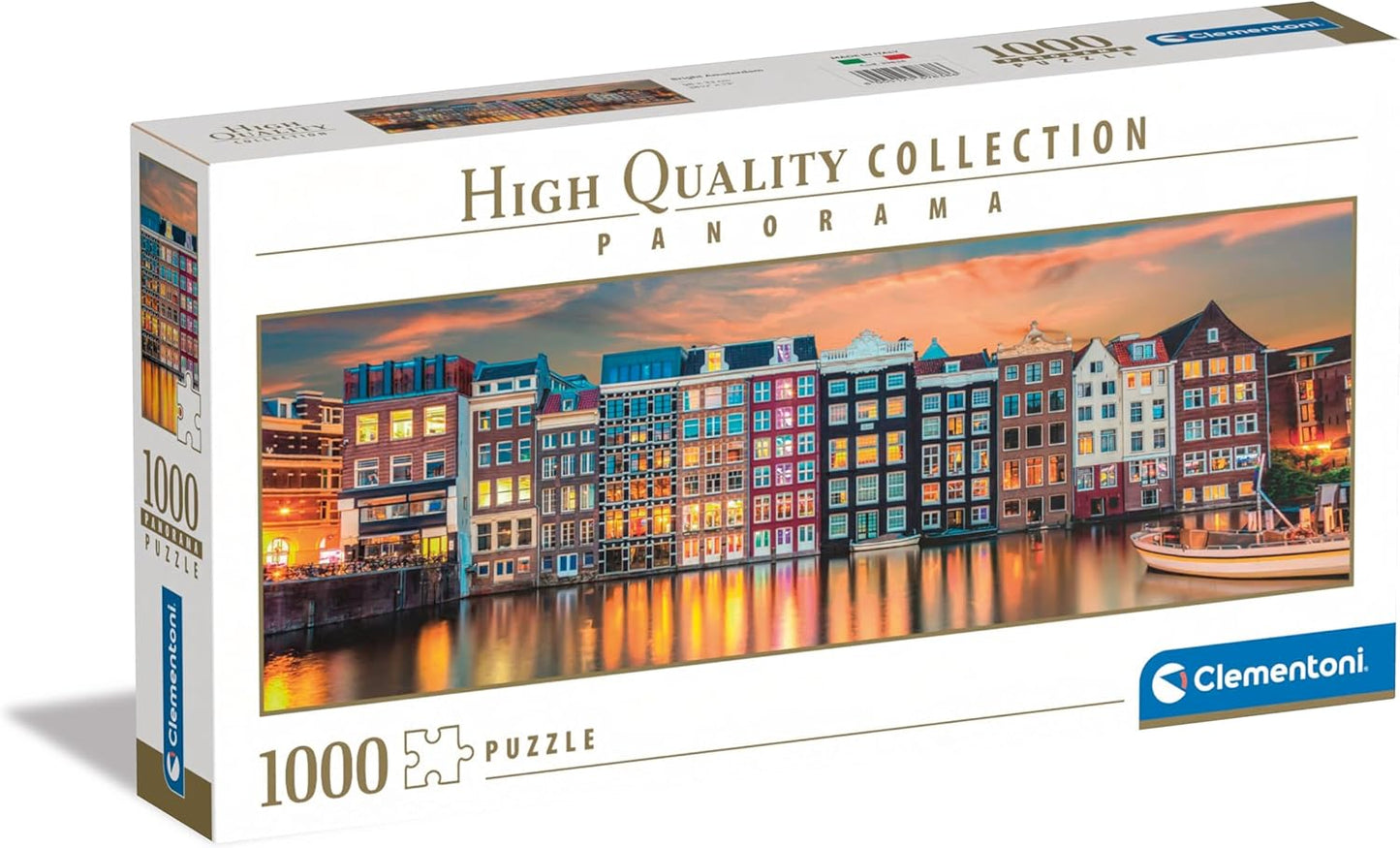 1000-piece puzzle box featuring a panoramic photo of illuminated, colorful Amsterdam canal houses at twilight