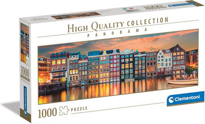 1000-piece puzzle box featuring a panoramic photo of illuminated, colorful Amsterdam canal houses at twilight