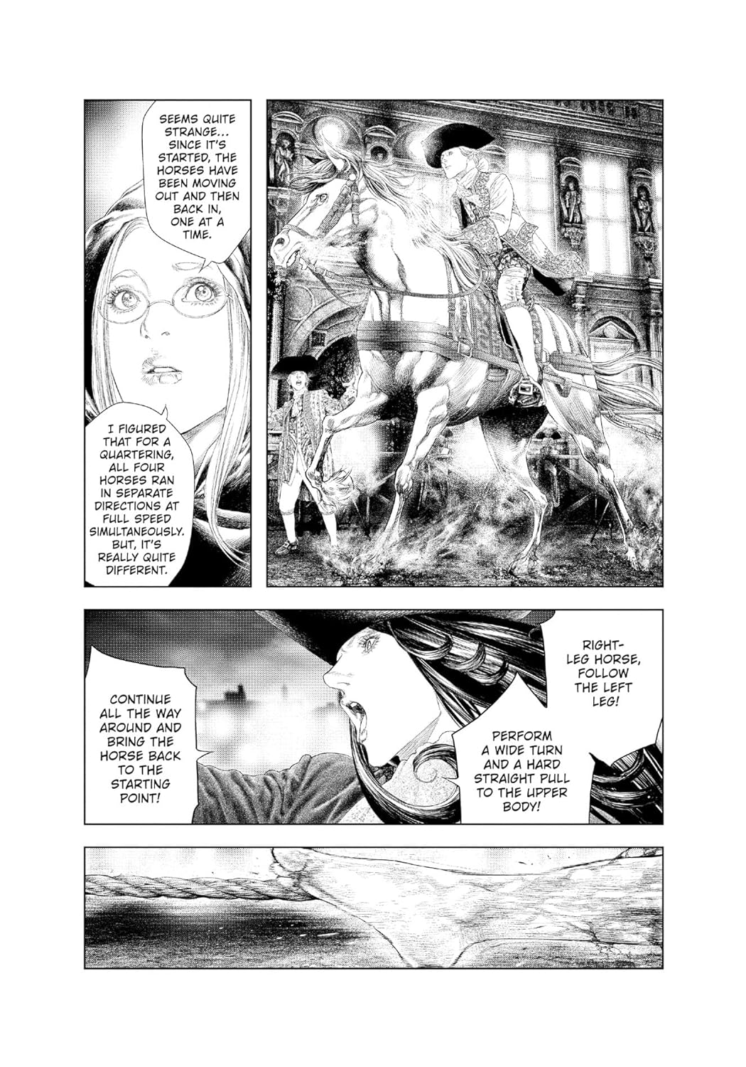 Manga page shows an aristocratic rider on a horse performing a maneuver -  with a woman giving instructions and hands pulling a rope
