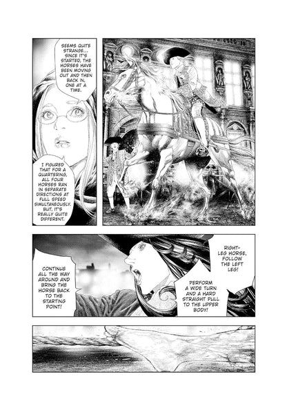 Manga page shows an aristocratic rider on a horse performing a maneuver -  with a woman giving instructions and hands pulling a rope