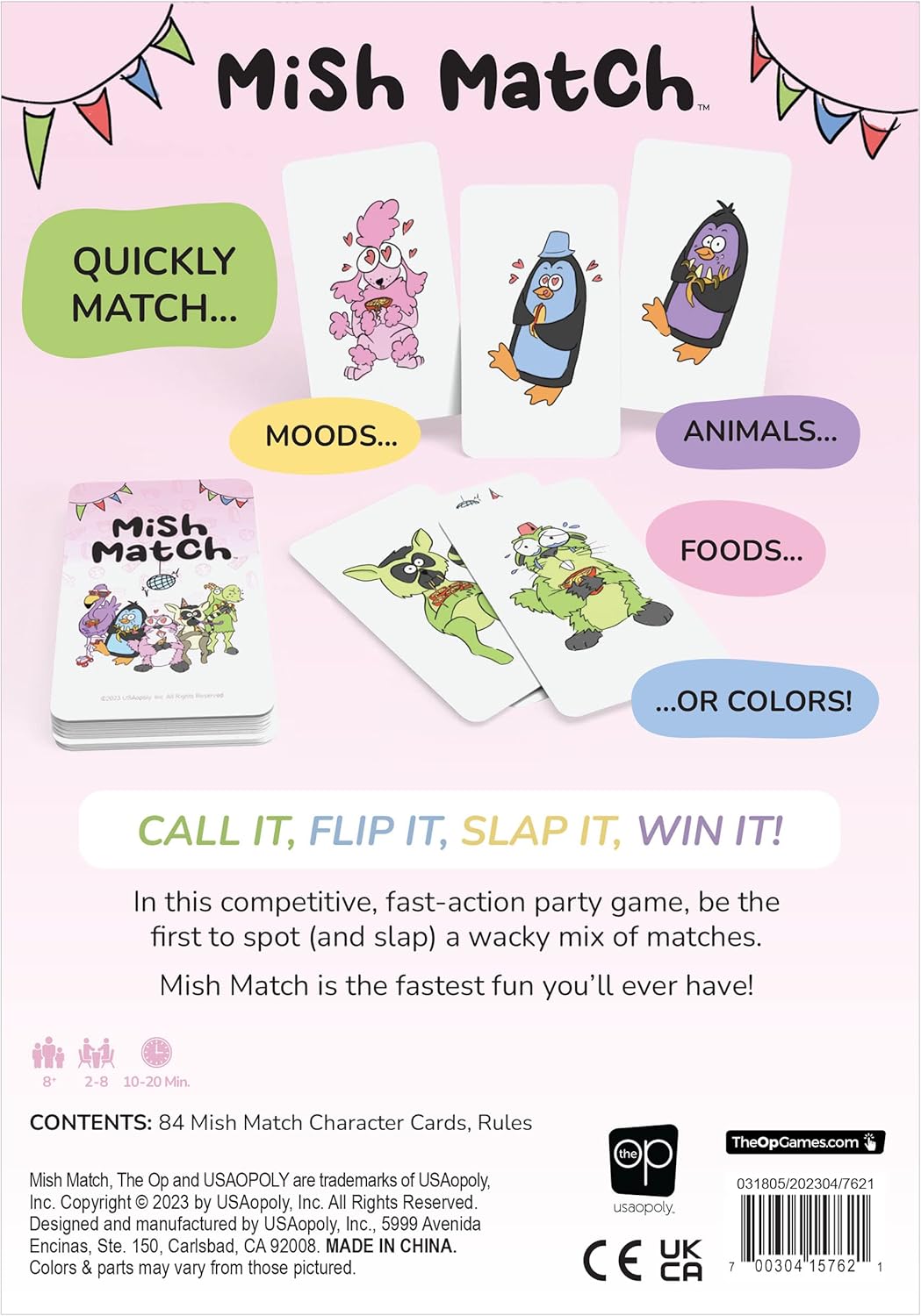 Mish Match party game box and cards featuring various cartoon animals quick-match gameplay