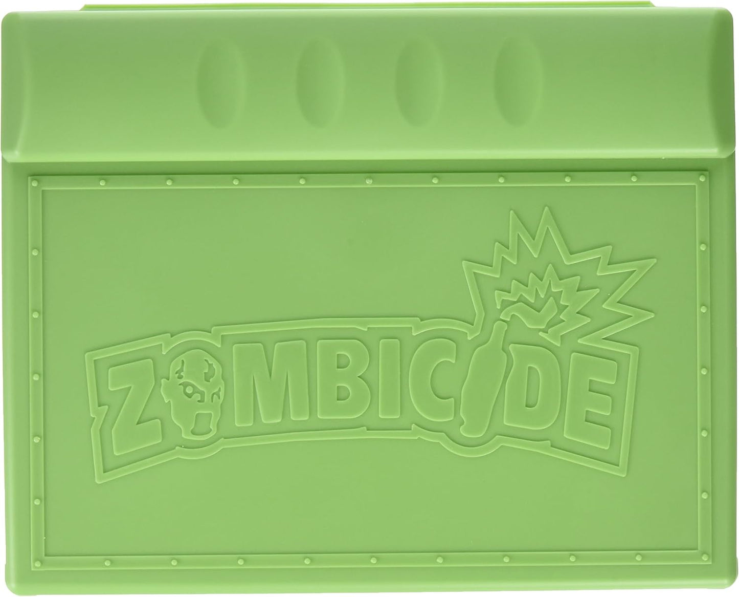 Light green Zombicide mat with embossed zombie head and Molotov cocktail explosion logo