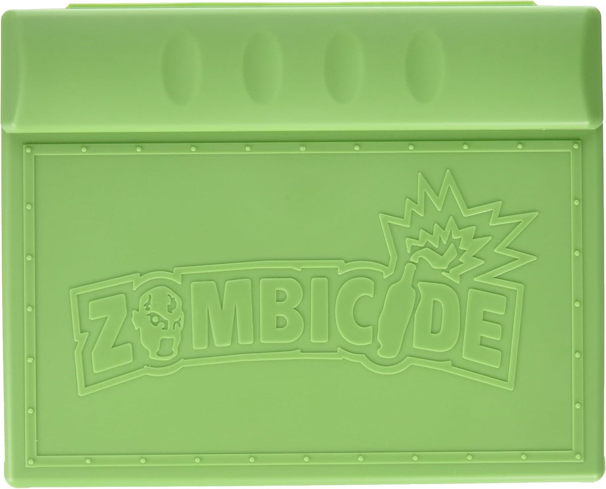 Light green Zombicide mat with embossed zombie head and Molotov cocktail explosion logo