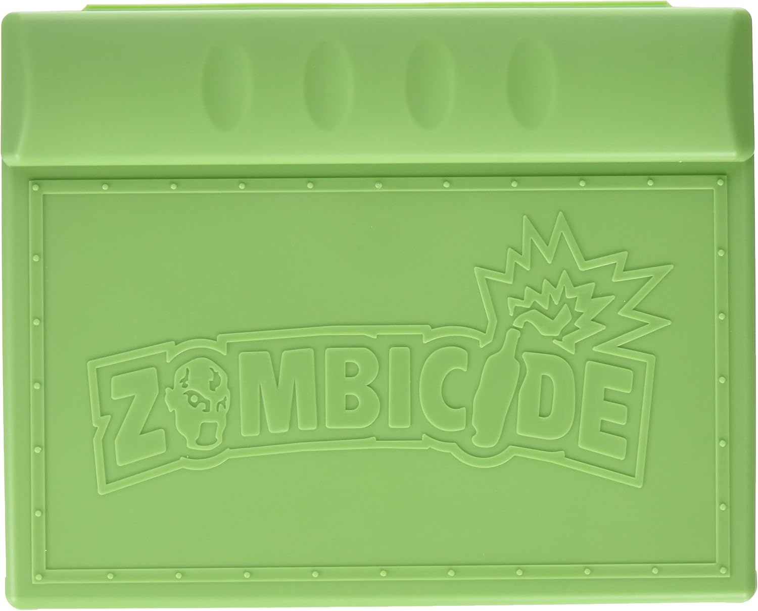 Light green Zombicide mat with embossed zombie head and Molotov cocktail explosion logo