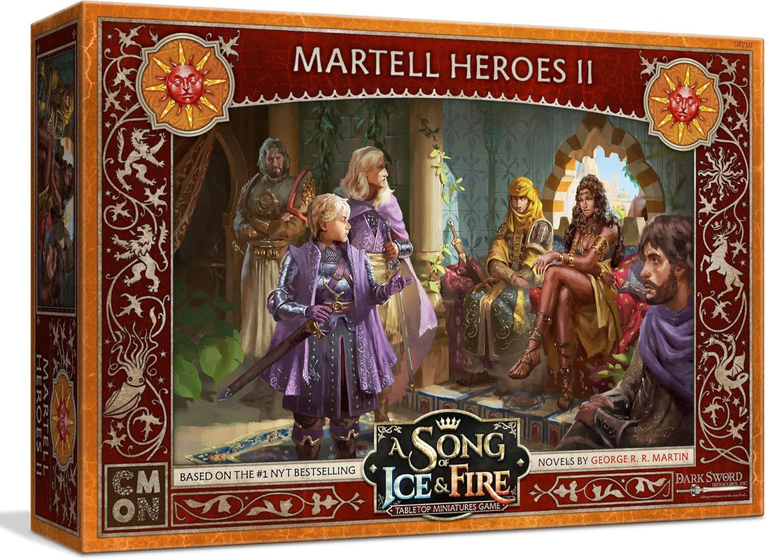 Martell Heroes II game box art shows six ornate characters, including an armored leader, in a palace